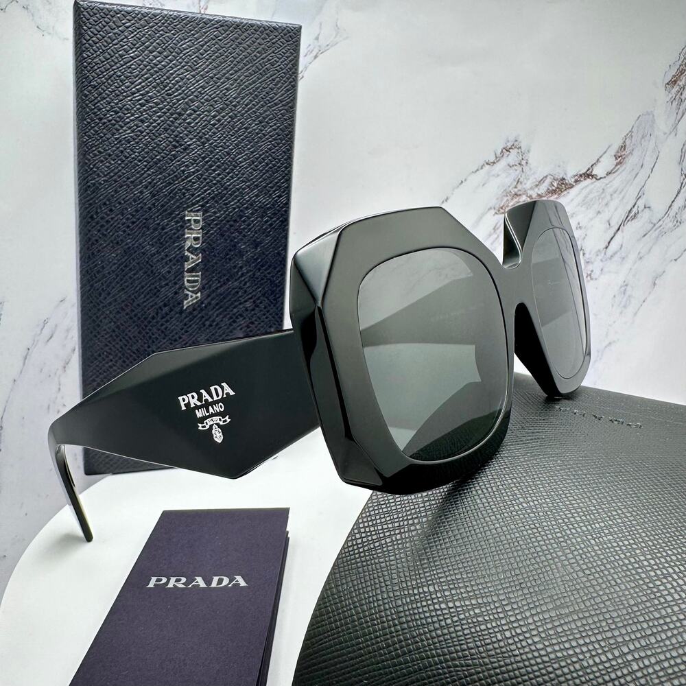 New PRADA Sunglasses Black Silver Symbole Logo Oversized Square Frame 54mm - Picture 6 of 16